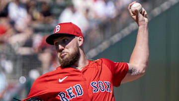Feb 23, 2025; Fort Myers, Florida, USA; Boston Red Sox pitcher Garrett Crochet (35) pitching in the first inning of their game against the Toronto Blue Jays at JetBlue Park at Fenway South. Mandatory Credit: Chris Tilley-Imagn Images