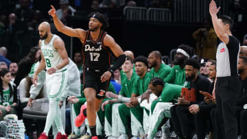 Mar 18, 2024; Boston, Massachusetts, USA; Detroit Pistons guard Stanley Umude (17) reacts after his three point basket against the Boston Celtics in the first quarter at TD Garden. Mandatory Credit: David Butler II-USA TODAY Sports