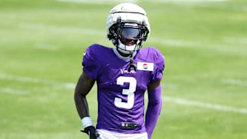 Jul 28, 2025; Eagan, MN, USA; Minnesota Vikings wide receiver Jordan Addison (3) takes part in drills during the teams training camp at the Minnesota Vikings Training Facility. Mandatory Credit: Matt Krohn-Imagn Images