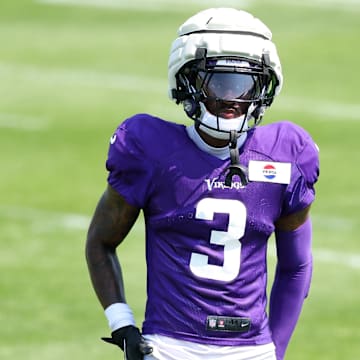 Jul 28, 2025; Eagan, MN, USA; Minnesota Vikings wide receiver Jordan Addison (3) takes part in drills during the teams training camp at the Minnesota Vikings Training Facility. Mandatory Credit: Matt Krohn-Imagn Images