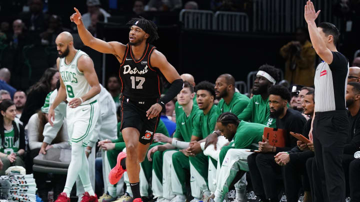 Mar 18, 2024; Boston, Massachusetts, USA; Detroit Pistons guard Stanley Umude (17) reacts after his three point basket against the Boston Celtics in the first quarter at TD Garden. Mandatory Credit: David Butler II-USA TODAY Sports