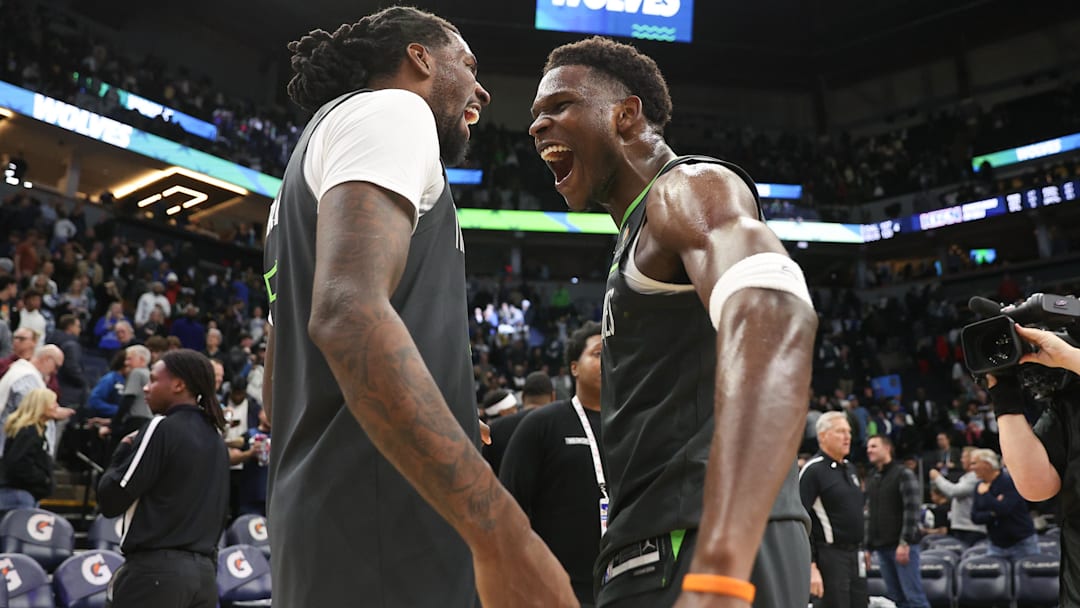 Feb 6, 2025; Minneapolis, Minnesota, USA; Minnesota Timberwolves guard Anthony Edwards (5) celebrates with center Naz Reid (11) after their teams win against the Houston Rockets at Target Center. Feb 6, 2025; Minneapolis, Minnesota, USA; Minnesota Timberwolves guard Anthony Edwards (5) celebrates with center Naz Reid (11) after their teams win against the Houston Rockets at Target Center.