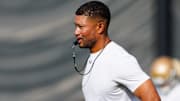 Notre Dame head coach Marcus Freeman looks on during a football practice at Irish Athletic Center on Friday, Aug. 15, 2025, in South Bend.