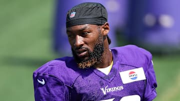 Jul 29, 2025; Eagan, MN, USA; Minnesota Vikings running back Aaron Jones Sr. (33) looks on during the teams training camp at the Minnesota Vikings Training Facility. Mandatory Credit: Matt Krohn-Imagn Images