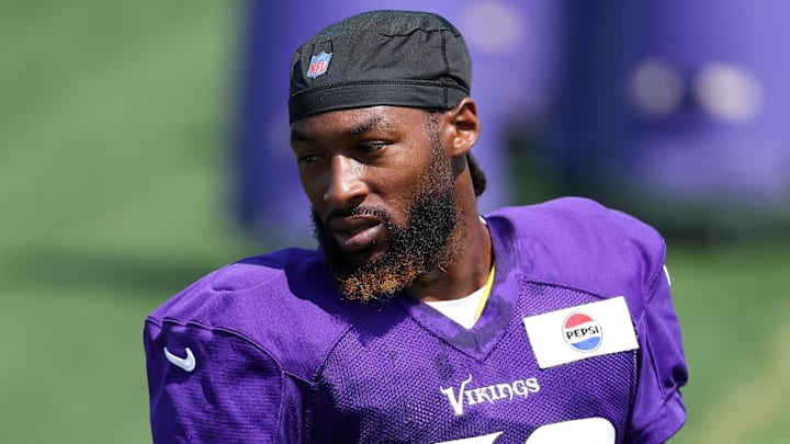 Jul 29, 2025; Eagan, MN, USA; Minnesota Vikings running back Aaron Jones Sr. (33) looks on during the teams training camp at the Minnesota Vikings Training Facility. Mandatory Credit: Matt Krohn-Imagn Images