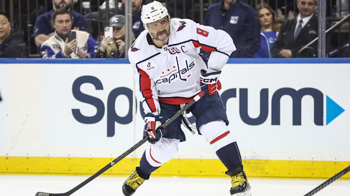 Mar 5, 2025; New York, New York, USA;  Washington Capitals left wing Alex Ovechkin (8) attempts a shot on goal in the third period against the New York Rangers at Madison Square Garden. Mandatory Credit: Wendell Cruz-Imagn Images