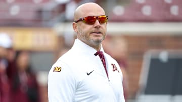 Sep 6, 2025; Minneapolis, Minnesota, USA; Minnesota Golden Gophers head coach P.J. Fleck looks on before the game against the Northwestern State Demons at Huntington Bank Stadium. Mandatory Credit: Matt Krohn-Imagn Images