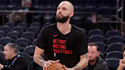 Mar 25, 2024; New York, New York, USA; Detroit Pistons guard Evan Fournier (31) warms up before a game against the New York Knicks at Madison Square Garden. Mandatory Credit: Brad Penner-Imagn Images