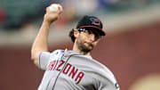 Sep 9, 2025; San Francisco, California, USA; Arizona Diamondbacks starting pitcher Zac Gallen (23) throws a pitch against the San Francisco Giants during the first inning at Oracle Park. Mandatory Credit: Robert Edwards-Imagn Images