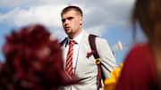 Aug 28, 2025; Minneapolis, Minnesota, USA; Minnesota Golden Gophers quarterback Drake Lindsey (5) arrives to the stadium before the game against the Buffalo Bulls at Huntington Bank Stadium. Mandatory Credit: Matt Krohn-Imagn Images