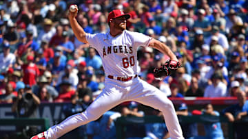 Apr 9, 2023; Anaheim, California, USA; Los Angeles Angels relief pitcher Andrew Wantz (60) throws against the Toronto Blue Jays during the sixth inning at Angel Stadium. Mandatory Credit: Gary A. Vasquez-Imagn Images