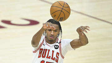 Apr 8, 2025; Cleveland, Ohio, USA; Chicago Bulls forward Julian Phillips (15) throws a pass in the third quarter against the Cleveland Cavaliers at Rocket Arena. Mandatory Credit: David Richard-Imagn Images