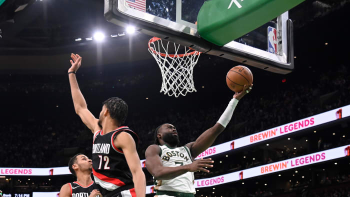 Apr 7, 2024; Boston, Massachusetts, USA; Boston Celtics guard Jaylen Brown (7) shoots the ball vs. the Portland Trail Blazers.