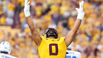 Aug 28, 2025; Minneapolis, Minnesota, USA; Minnesota Golden Gophers defensive lineman Anthony Smith (0) celebrates a sack against the Buffalo Bulls during the first half of the game at Huntington Bank Stadium. Mandatory Credit: Matt Krohn-Imagn Images