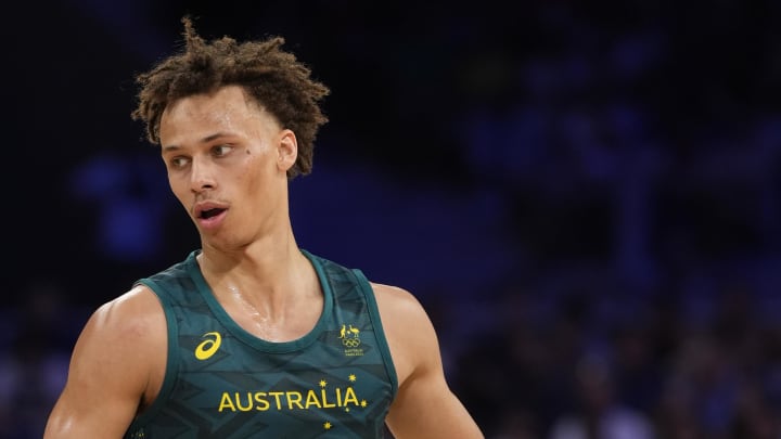 Jul 30, 2024; Villeneuve-d'Ascq, France; Australia point guard Dyson Daniels (1) in action against Canada in a men's group stage basketball match during the Paris 2024 Olympic Summer Games at Stade Pierre-Mauroy. Mandatory Credit: John David Mercer-USA TODAY Sports