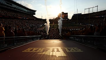 Aug 28, 2025; Minneapolis, Minnesota, USA; Minnesota Golden Gophers players take the field before the game against the Buffalo Bulls at Huntington Bank Stadium. Mandatory Credit: Matt Krohn-Imagn Images