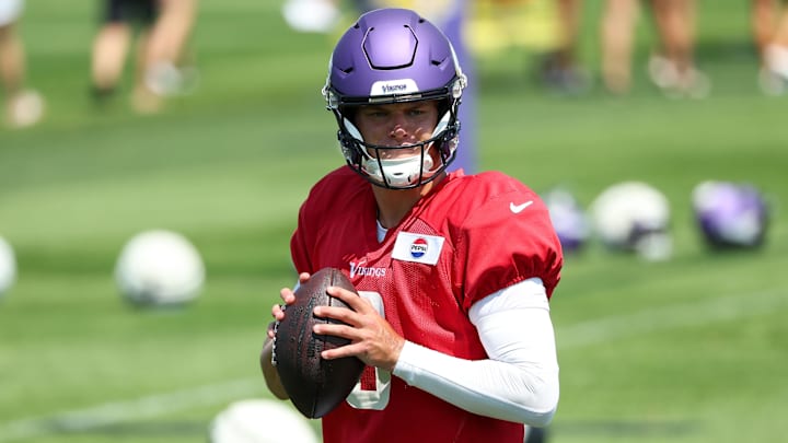 Jul 28, 2025; Eagan, MN, USA; Minnesota Vikings quarterback J.J. McCarthy (9) takes part in drills during the teams training camp at the Minnesota Vikings Training Facility. Mandatory Credit: Matt Krohn-Imagn Images Jul 28, 2025; Eagan, MN, USA; Minnesota Vikings quarterback J.J. McCarthy (9) takes part in drills during the teams training camp at the Minnesota Vikings Training Facility. Mandatory Credit: Matt Krohn-Imagn Images