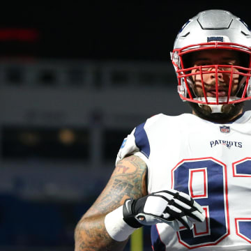 Oct 29, 2018; Orchard Park, NY, USA; New England Patriots defensive tackle Lawrence Guy (93) warms up prior to the game against the Buffalo Bills at New Era Field. Mandatory Credit: Rich Barnes-USA TODAY Sports