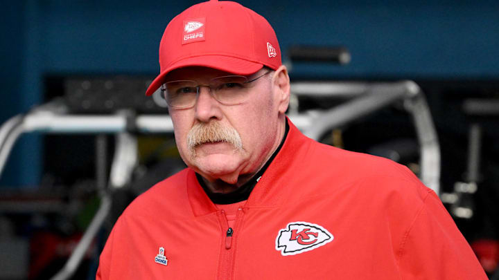 Dec 21, 2025; Nashville, Tennessee, USA; Kansas City Chiefs head coach Andy Reid before a game against the Tennessee Titans at Nissan Stadium.