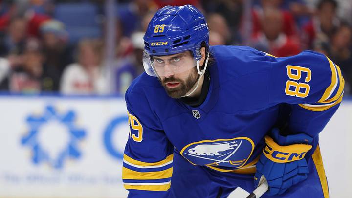 Jan 31, 2026; Buffalo, New York, USA;  Buffalo Sabres right wing Alex Tuch (89) waits for the face-off during the second period against the Montréal Canadiens at KeyBank Center. Mandatory Credit: Timothy T. Ludwig-Imagn Images