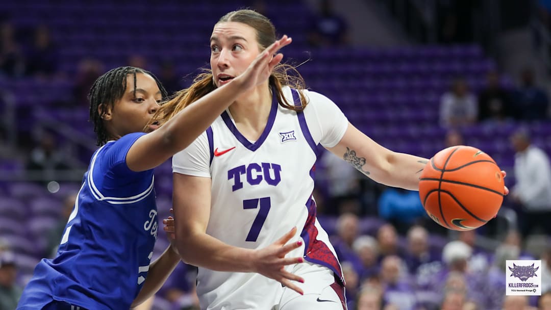Olivia Miles drives the ball for TCU in a win over Tennessee State on November 12, 2025. 