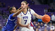 Olivia Miles drives the ball for TCU in a win over Tennessee State on November 12, 2025. 