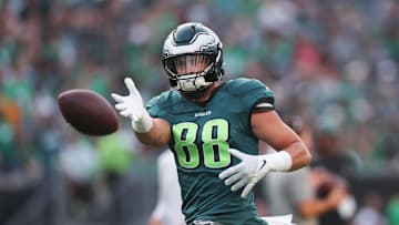 Aug 1, 2024; Philadelphia, PA, USA; Philadelphia Eagles tight end Dallas Goedert (88) catches the ball during a training camp practice at Lincoln Financial Field. Mandatory Credit: Bill Streicher-Imagn Images