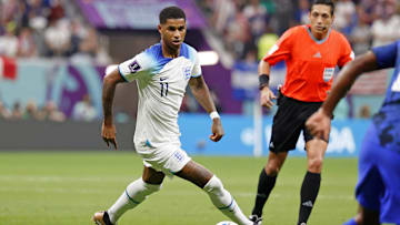 Nov 25, 2022; Al Khor, Qatar; England forward Marcus Rashford (11) dribbles the ball against the United States of America during the second half of a group stage match during the 2022 World Cup at Al Bayt Stadium. Mandatory Credit: Yukihito Taguchi-Imagn Images