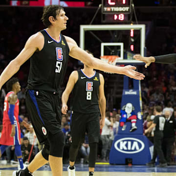 Nov 1, 2018; Philadelphia, PA, USA; LA Clippers forward Tobias Harris (34) reacts with center Boban Marjanovic (51) after scoring against the Philadelphia 76ers during the fourth quarter at Wells Fargo Center. Mandatory Credit: Bill Streicher-Imagn Images