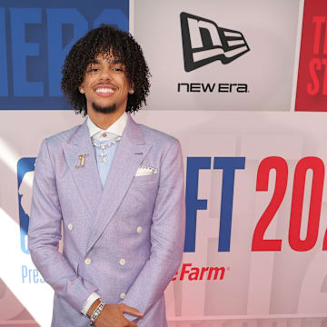 Jun 25, 2025; Brooklyn, NY, USA; Asa Newell arrives before the first round of the 2025 NBA Draft at Barclays Center. Mandatory Credit: Brad Penner-Imagn Images