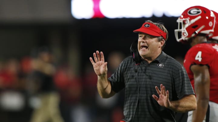 Sep 18, 2021; Athens, Georgia, USA; Georgia Bulldogs coach Kirby Smart reacts on the sideline during the first half against the South Carolina Gamecocks at Sanford Stadium. Mandatory Credit: Joshua L. Jones/Athens Banner-Herald via USA TODAY NETWORK