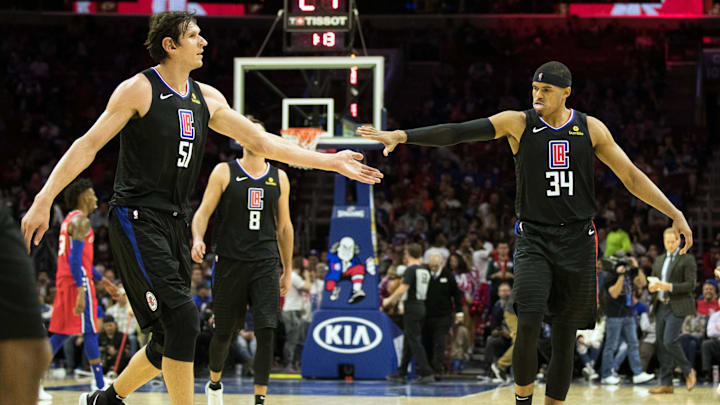 Nov 1, 2018; Philadelphia, PA, USA; LA Clippers forward Tobias Harris (34) reacts with center Boban Marjanovic (51) after scoring against the Philadelphia 76ers during the fourth quarter at Wells Fargo Center. Mandatory Credit: Bill Streicher-Imagn Images