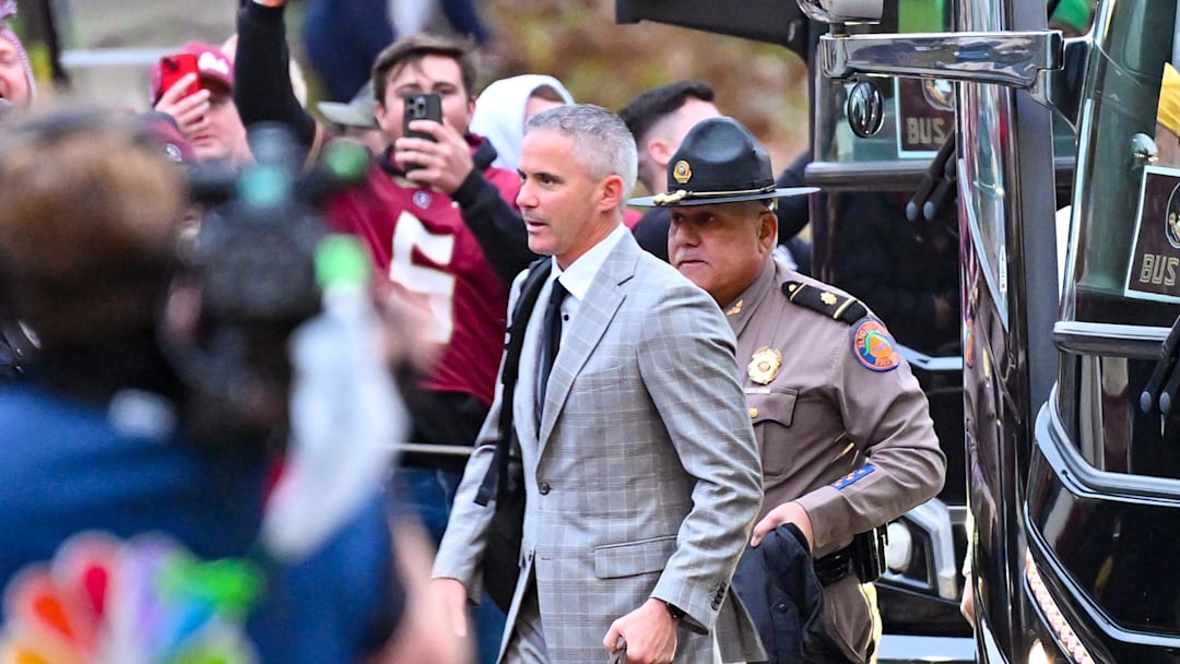 Nov 9, 2024; South Bend, Indiana, USA; Florida State Seminoles head coach Mike Norvell arrives at Notre Dame Stadium for the game against the Notre Dame Fighting Irish. Mandatory Credit: Matt Cashore-Imagn Images