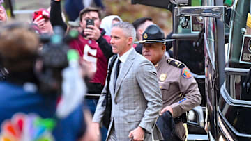 Nov 9, 2024; South Bend, Indiana, USA; Florida State Seminoles head coach Mike Norvell arrives at Notre Dame Stadium for the game against the Notre Dame Fighting Irish. Mandatory Credit: Matt Cashore-Imagn Images