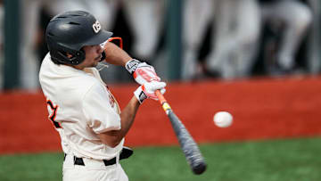 Oregon State infielder AJ Singer (7) hits the ball during the game against Oregon on Tuesday, April 29, 2025 at Goss Stadium in Corvallis, Ore.