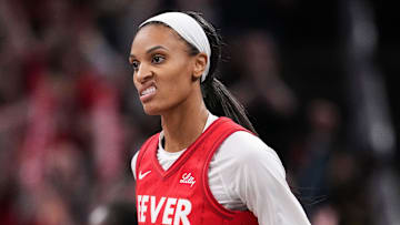 May 30, 2025; Indianapolis, Indiana, USA; Indiana Fever forward DeWanna Bonner (25) reacts to scoring a three point basket Friday, May 30, 2025, during the game at Gainbridge Fieldhouse in Indianapolis. The Connecticut Sun defeated the Indiana Fever, 85-83. Mandatory Credit: Grace Hollars-USA TODAY Network via Imagn Images