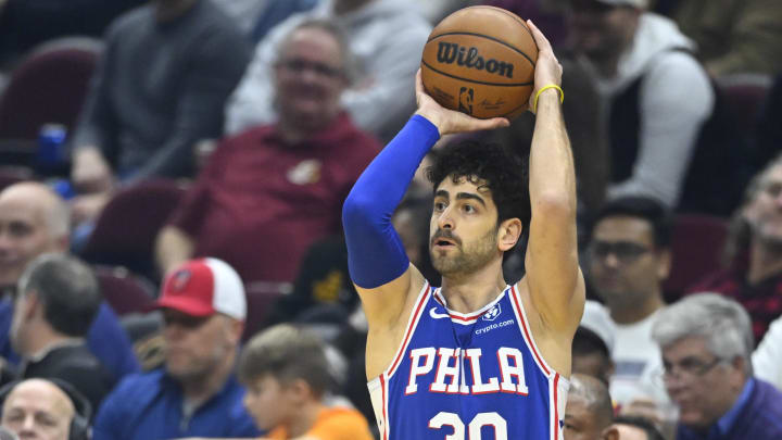 Nov 30, 2022; Cleveland, Ohio, USA; Philadelphia 76ers guard Furkan Korkmaz (30) shoots in the first quarter against the Cleveland Cavaliers at Rocket Mortgage FieldHouse. Mandatory Credit: David Richard-USA TODAY Sports