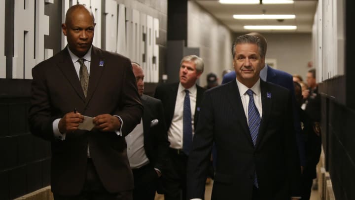 Former Kentucky Wildcats head coach John Calipari and associate head coach Kenny Payne in the tunnel before the game against the Texas Tech Red Raiders at United Supermarkets Arena.
