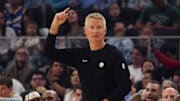 Oct 5, 2025; San Francisco, California, USA;  Golden State Warriors head coach Steve Kerr coaches his team against the Los Angeles Lakers in the first quarter at Chase Center. Mandatory Credit: David Gonzales-Imagn Images