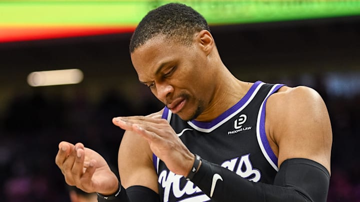 Feb 4, 2026; Sacramento, California, USA; Sacramento Kings guard Russell Westbrook (18) reacts to a call during the third quarter against the Memphis Grizzlies at Golden 1 Center. Mandatory Credit: Ed Szczepanski-Imagn Images