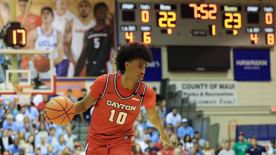 Nov 25, 2024; Lahaina, Hawaii, USA;  Dayton Flyers guard Hamad Mousa (10) makes his way towards the basket against the North Carolina Tar Heels during the first half of an NCAA college basketball game at Lahaina Civic Center. Mandatory Credit: Marco Garcia-Imagn Images