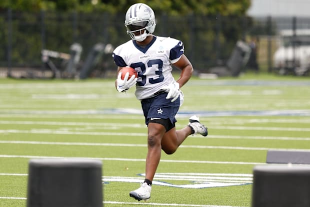 Dallas Cowboys RB Javonte Williams goes through a drill during practice at the Ford Center at the Star Training Facility.