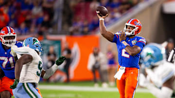 Florida Gators quarterback DJ Lagway (2) passes during the second half at Raymond James Stadium in Tampa, FL on Friday, December 20, 2024 in the 2024 Union Home Mortgage Gasparilla Bowl. The Gators defeated Tulane 33-8. [Doug Engle/Gainesville Sun]