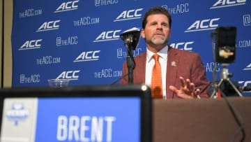 Virginia Tech Head Coach Brent Pry answers a question at a breakout session during the ACC Kickoff Media Days event in downtown Charlotte, N.C. Wednesday, July 26, 2023.