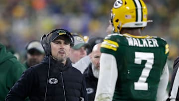 Green Bay Packers head coach Matt LaFleur approaches linebacker Quay Walker (7) after he was ejected from the game against the Detroit Lions during their football game Sunday, January 8, 2023, at Lambeau Field in Green Bay, Wis.