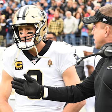 New Orleans Saints quarterback Drew Brees (9) and head coach Sean Payton before the game against the Tennessee Titans at Nissan Stadium.