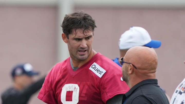 East Rutherford, NJ -- July 24, 2024 -- Quarterback, Daniel Jones and head coach Brian Daboll during the first day of training camp for the 2024 New York Giants.