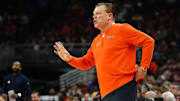 Mar 23, 2024; Omaha, NE, USA; Illinois Fighting Illini head coach Brad Underwood reacts during the first half against the Duquesne Dukes in the second round of the 2024 NCAA Tournament at CHI Health Center Omaha. Mandatory Credit: Dylan Widger-Imagn Images