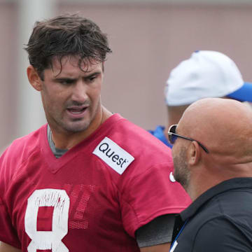 Quarterback, Daniel Jones and head coach Brian Daboll during the first day of training camp for the 2024 New York Giants on July 24. 