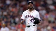 May 14, 2024; Houston, Texas, USA; Houston Astros relief pitcher Rafael Montero (47) reacts after retiring the side against the Oakland Athletics during the sixth inning at Minute Maid Park.